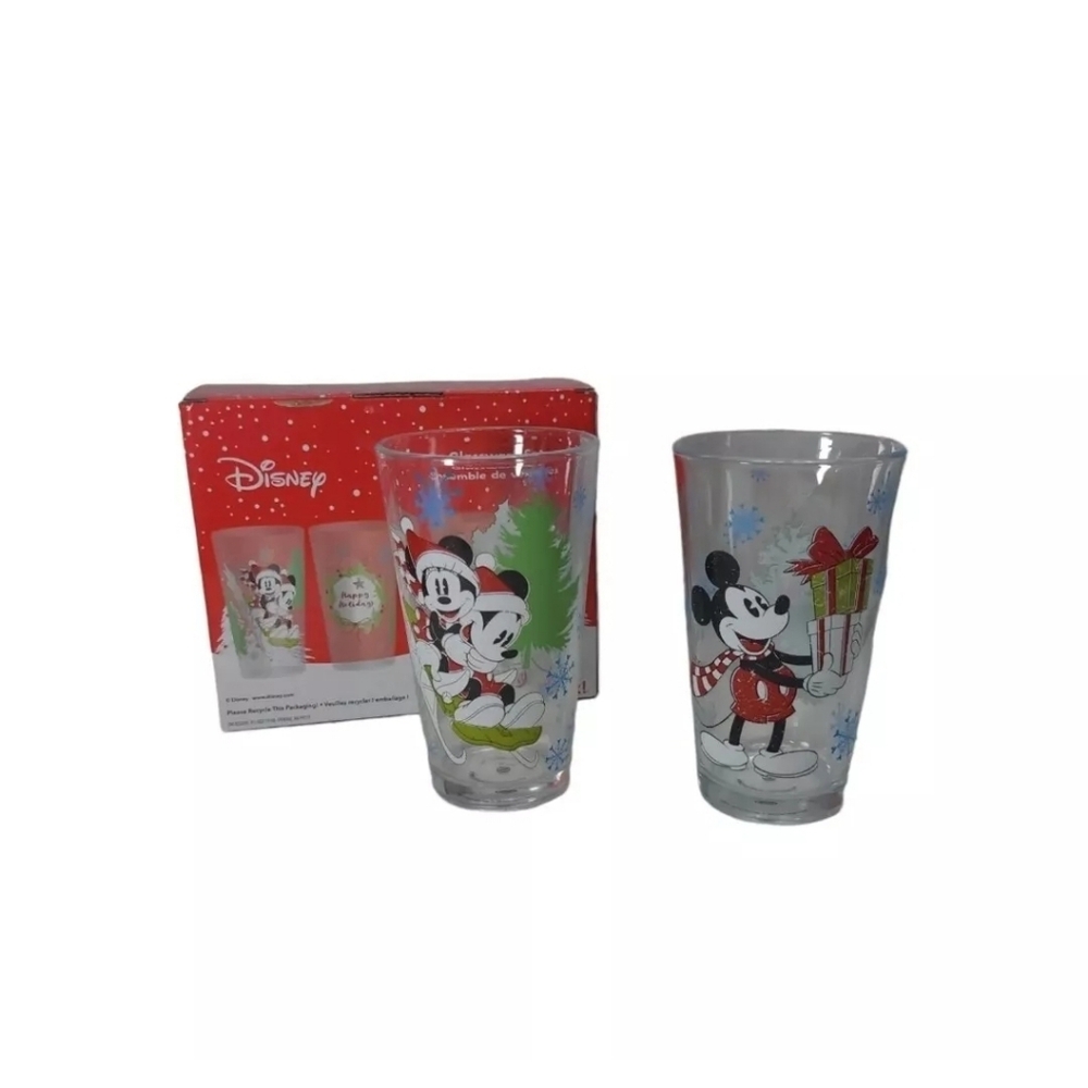 Disney Mickey & Minnie Mouse Glass Glassware Set 2 Pint 16 oz Christmas Cups Zak